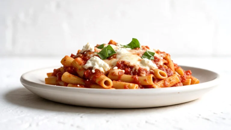 390 calorie baked ziti on a white plate