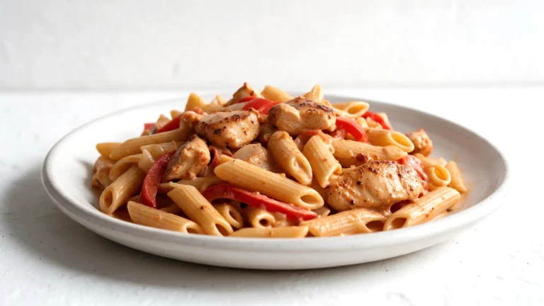 385 calorie Cajun chicken pasta on a white plate
