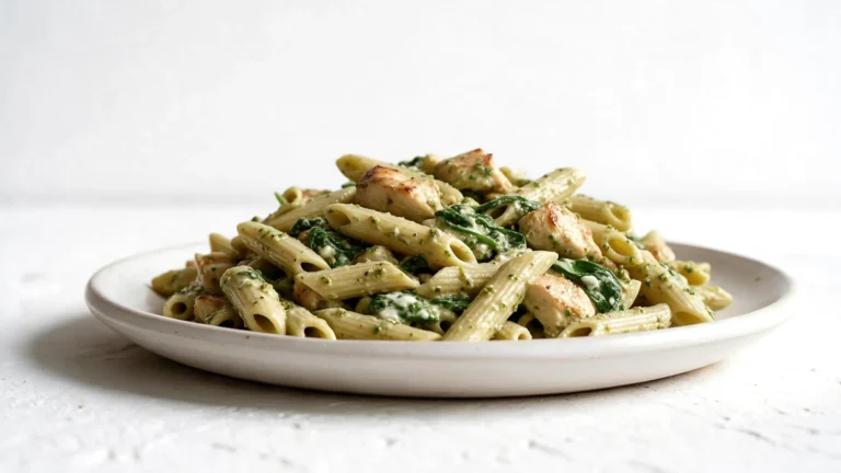380 calorie chicken pesto pasta on a white plate
