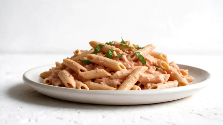 375 calorie creamy tomato basil pasta on a white plate