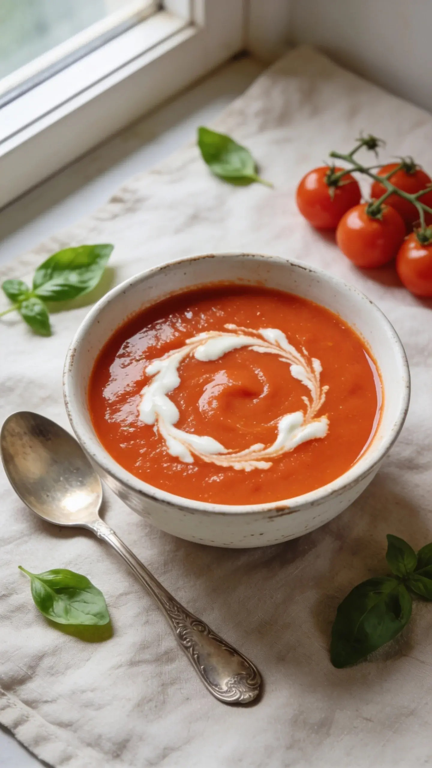 **Hero Shot - Finished Soup Bowl**: Close-up overhead shot of a rustic white ceramic bowl filled with vibrant orange-red tomato soup with a velvety, thick texture. A delicate swirl of cream cheese creates a marble pattern on the surface. The bowl sits on a light linen napkin with a vintage silver spoon resting beside it. Soft natural window lighting from the left creates gentle highlights on the glossy soup surface, emphasizing its rich, silky consistency. Scattered fresh basil leaves and a few whole cherry tomatoes on the vine in the background add pops of fresh color.