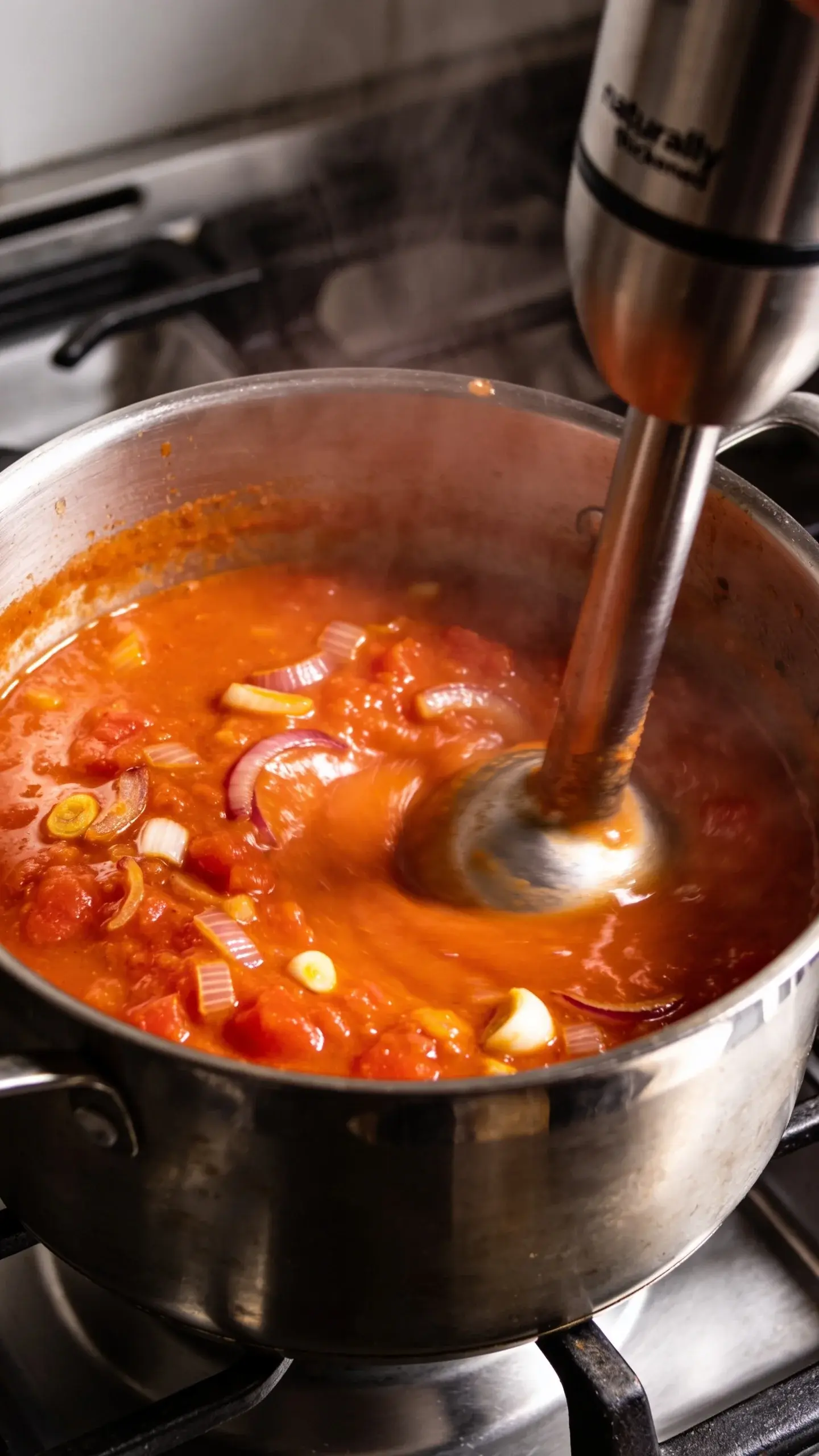 **Action Shot - Blending Process**: Atmospheric shot of thick, steaming tomato soup being blended in a stainless steel pot on a stovetop, captured mid-blend with an immersion blender partially submerged. The soup shows a beautiful transformation from chunky to smooth and velvety, with rich orange-red color and visible steam rising. The lighting is warm and natural, shot from a 45-degree angle to show depth. Sautéed onion and garlic pieces are just visible being incorporated into the creamy texture, emphasizing the 