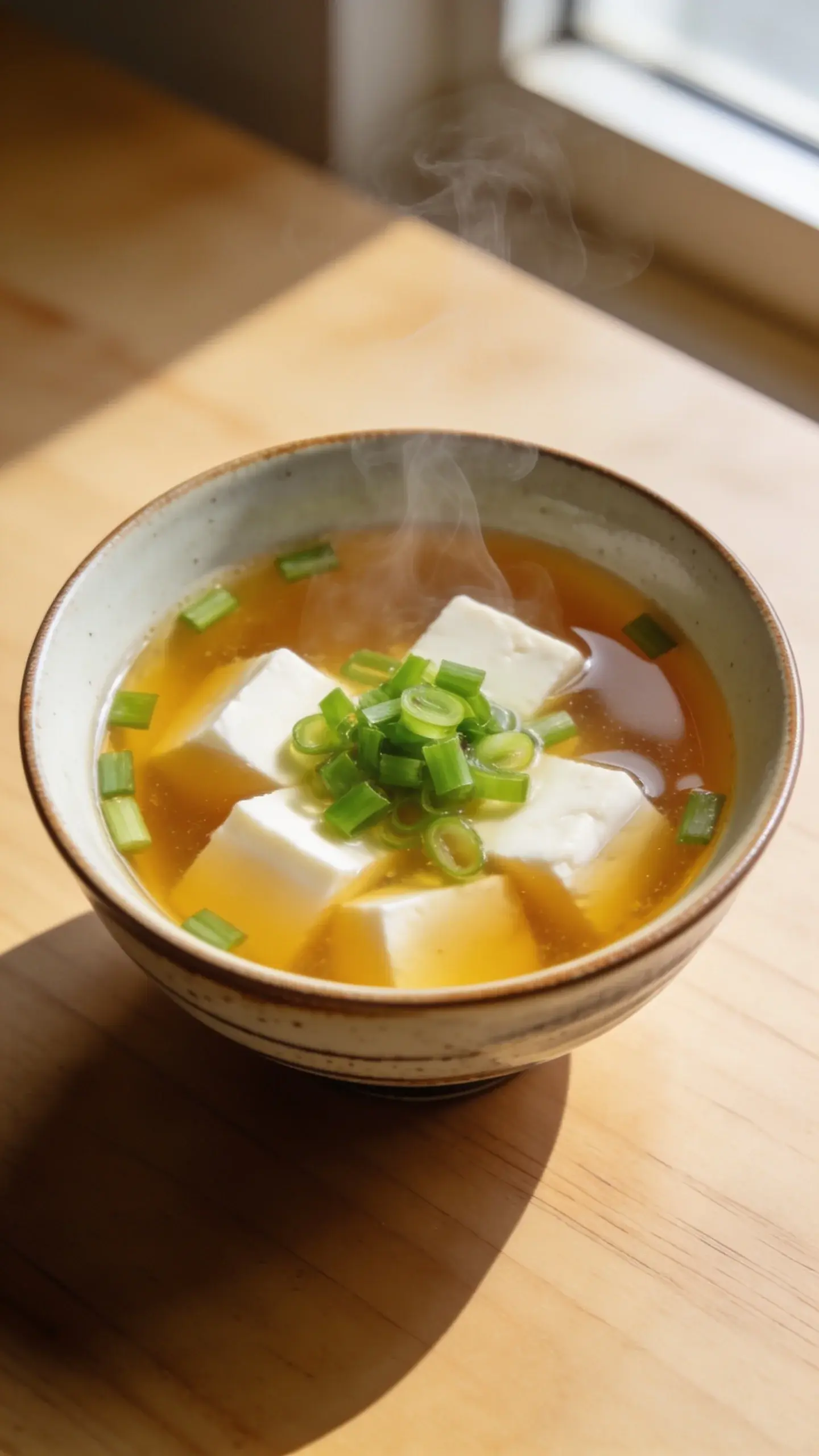 **Hero Shot**: Overhead food photography of a ceramic Japanese soup bowl filled with steaming miso soup, showcasing silken white tofu cubes floating in golden-brown broth, garnished with vibrant green onion slices, delicate wisps of steam rising from the surface, placed on a minimalist light wooden table with natural window lighting, shallow depth of field, clean and simple composition emphasizing the soup's clarity and umami-rich color.