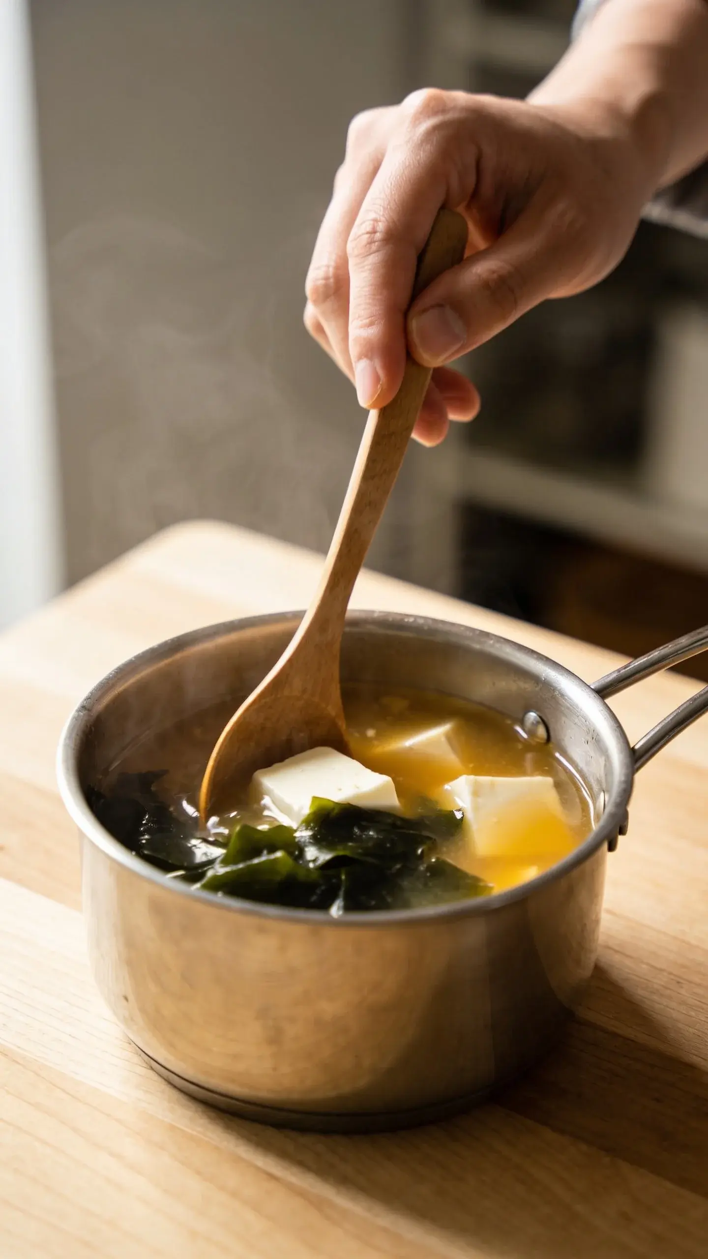 **Serving Moment Shot**: Side-angle food photography of a rustic Japanese soup bowl filled with light golden miso broth, featuring soft silken tofu cubes and bright green onion rings floating on top, placed on a neutral linen placemat with a traditional wooden soup spoon beside it, soft diffused natural light creating gentle shadows, steam visible rising from the hot soup, compositional focus on the bowl's simple elegance and the soup's inviting warmth, professional food styling with minimal props.