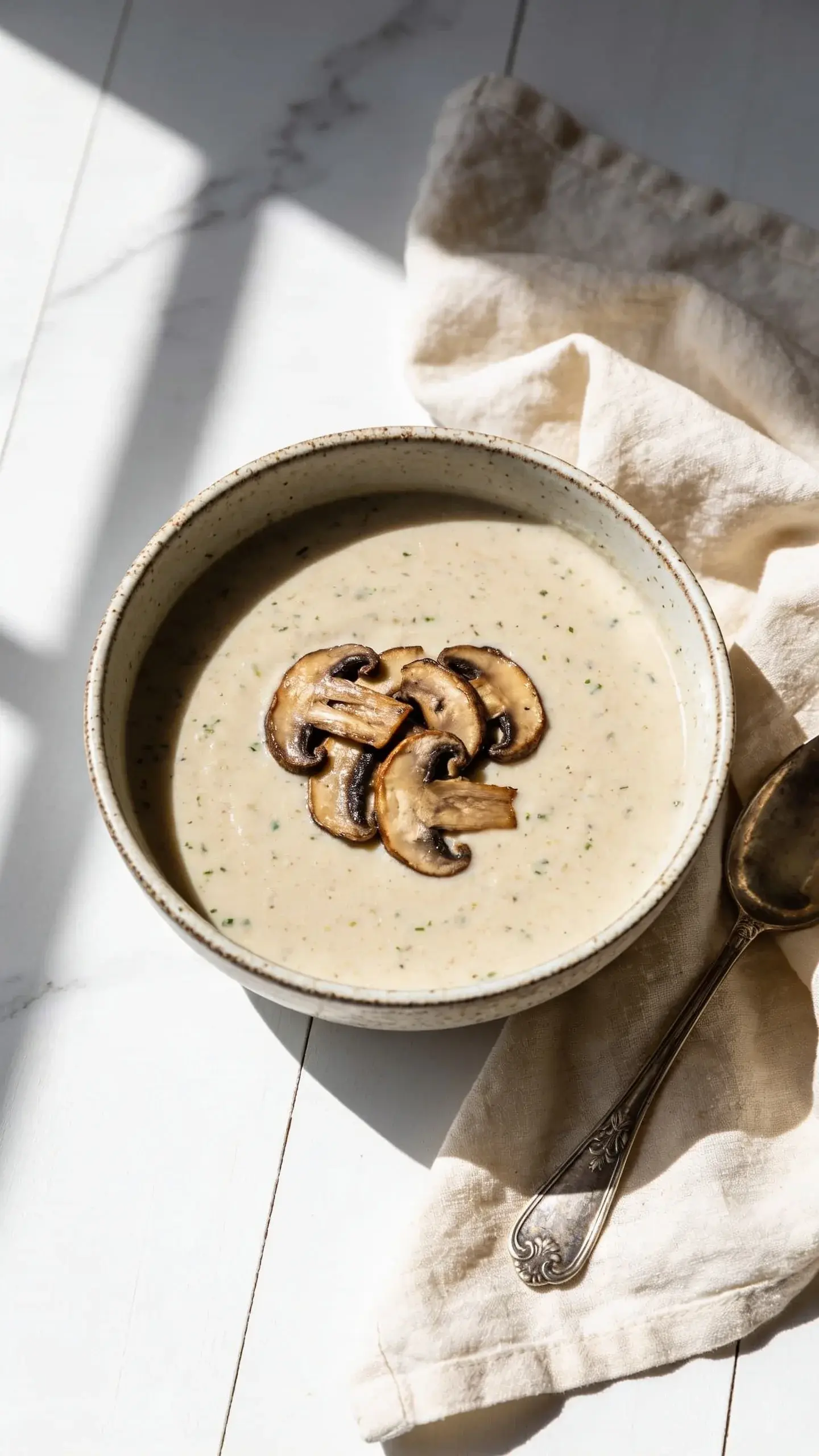 **Hero Shot - Creamy Mushroom Soup in Bowl**: Overhead flat lay of a rustic ceramic bowl filled with creamy, velvety mushroom soup in a light beige color with visible specks of herbs. The soup has a silky, smooth texture with a few thin-sliced sautéed button mushrooms floating on top as garnish. Soft natural window lighting from the left creates gentle shadows. A linen napkin in neutral cream tones is casually draped beside the bowl, with a vintage silver spoon resting on it. Clean white marble or light wood surface. Shallow depth of field focusing on the soup's creamy texture and earthy tones.