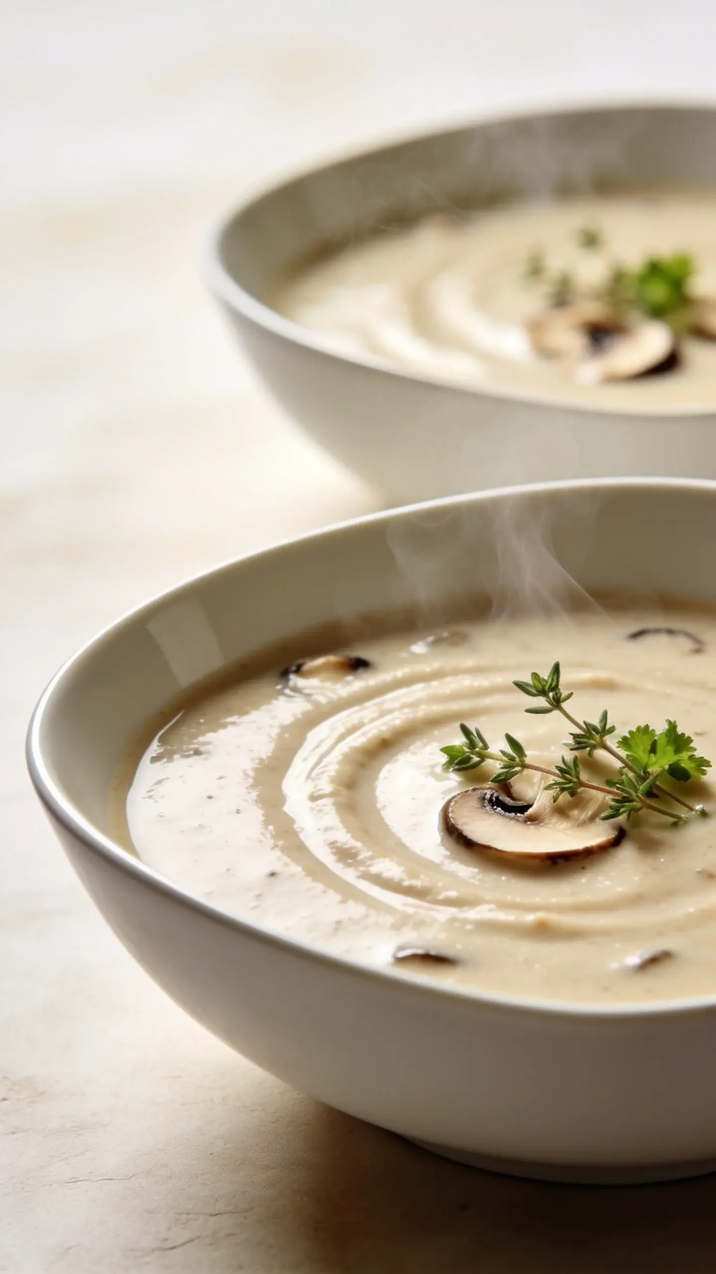 **Serving Presentation Shot**: Side angle view of the creamy mushroom soup served in a modern white bowl, photographed at 45 degrees to show the soup's depth and smooth, luxurious texture. A light swirl pattern on the surface suggests the creamy consistency. Wisps of steam rising from the hot soup. A few fresh thyme leaves or parsley sprigs garnish the center. The background shows a second bowl slightly out of focus, suggesting the 4-serving yield. Soft diffused natural light creates an inviting, cozy atmosphere with warm undertones emphasizing the soup's comfort-food appeal while maintaining a clean, healthy aesthetic.