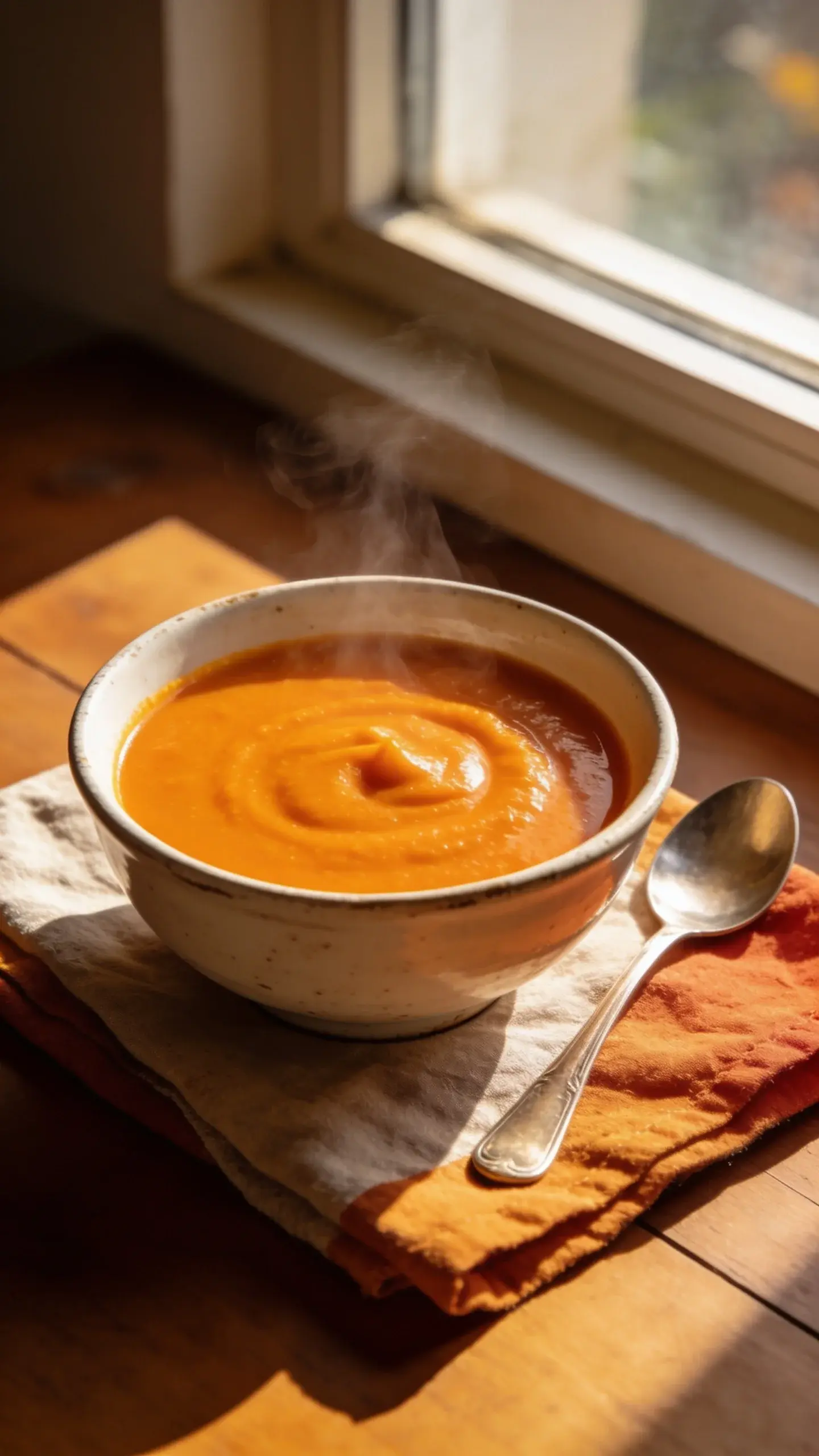 **Hero shot of creamy pumpkin soup in a rustic white ceramic bowl, photographed from a 45-degree angle on a wooden table with natural window lighting. The soup has a smooth, velvety orange texture with gentle steam rising from the surface. A silver spoon rests beside the bowl on a linen napkin in muted autumn tones. Soft shadows and warm fall afternoon lighting emphasize the rich orange color and silky consistency of the soup.**