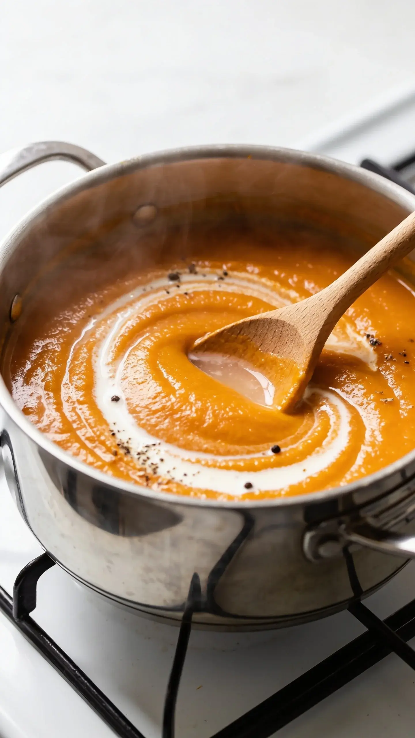 5-cup serving of vibrant orange pumpkin soup in a shallow wide-rimmed bowl against a clean white marble surface. The soup's smooth, cream-free texture is clearly visible with subtle natural shine. An unopened can of pumpkin puree is artfully placed in the corner of the frame alongside fresh ingredients, creating a minimal, modern food photography setup with bright, clean natural lighting.**