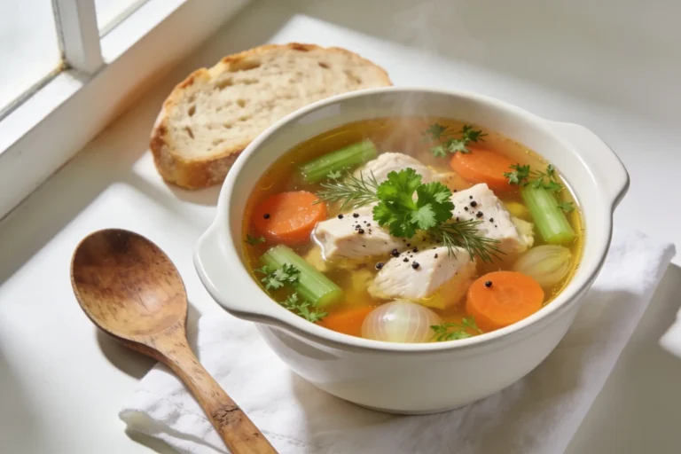 Close-up of a bowl of chicken soup with chicken, carrots, and fresh herbs, with a slice of bread beside it
