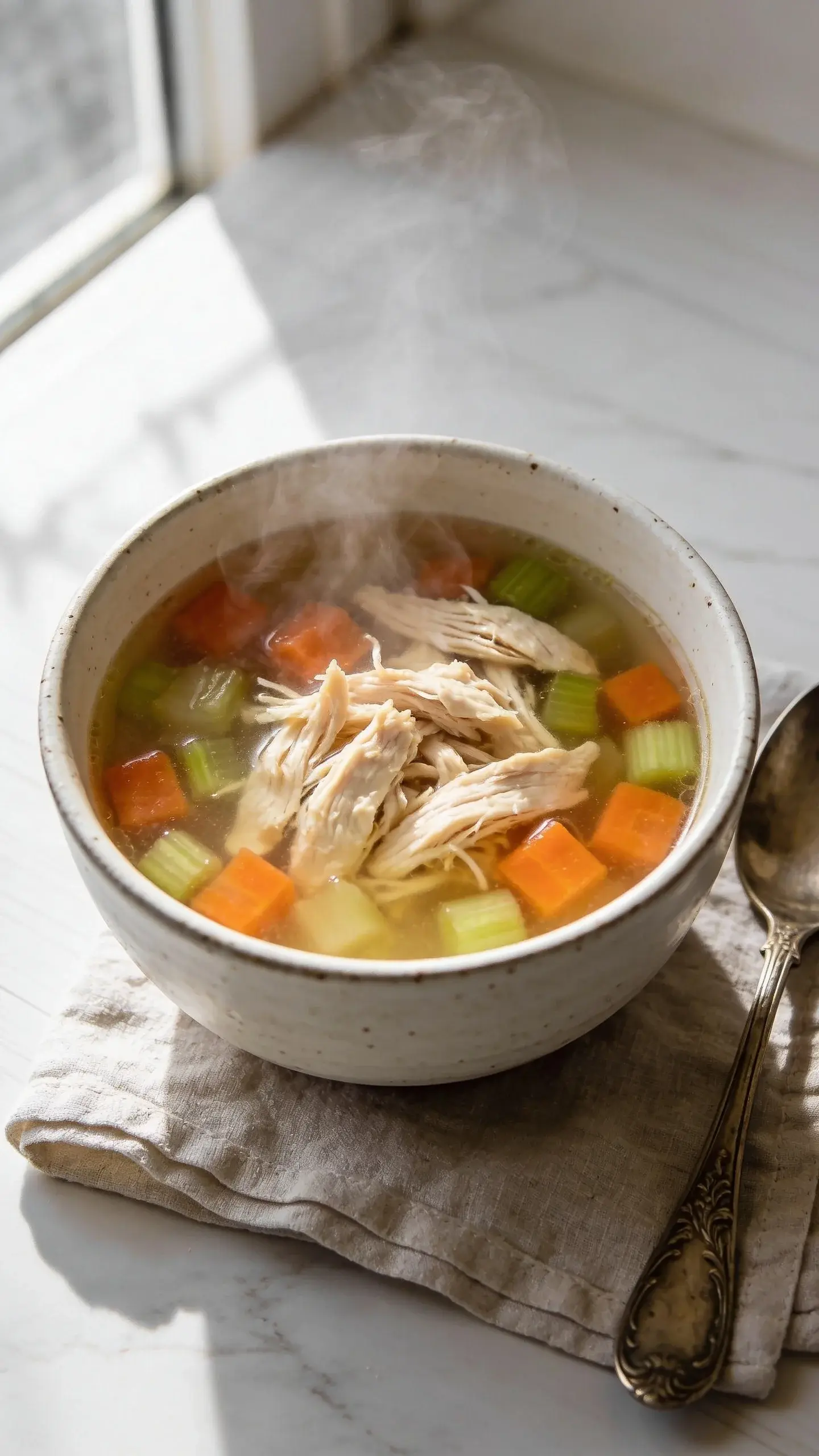 Bowl of 95 calorie chicken soup with chicken and diced vegetables in a clear broth