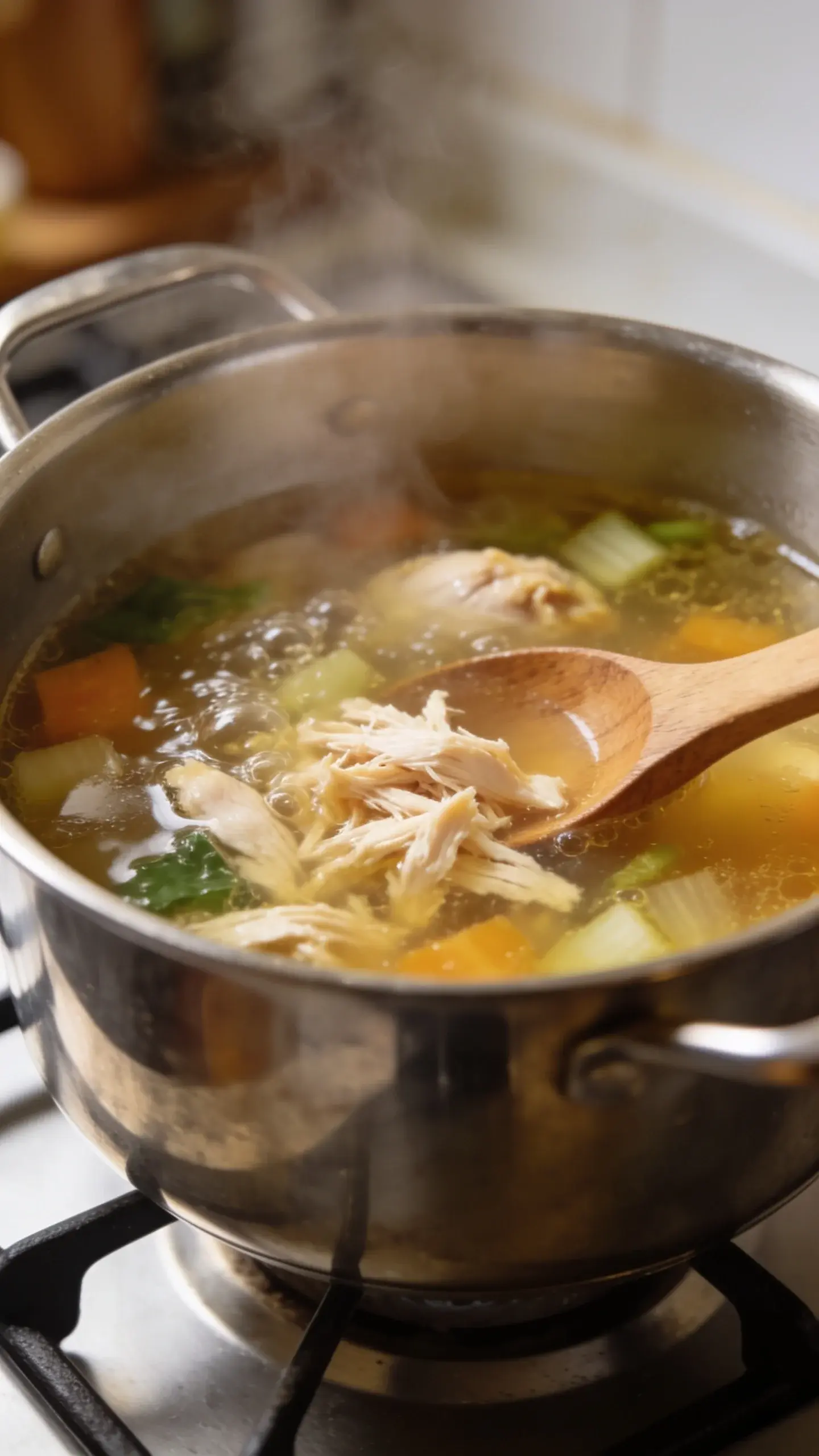 Chicken soup simmering in a stainless steel pot on the stove with a wooden spoon