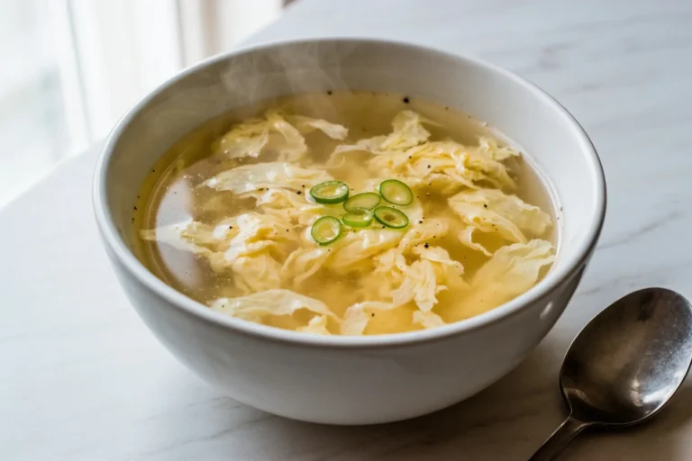 Bowl of 90 calorie egg drop soup with egg wisps and green onion, with a spoon beside it