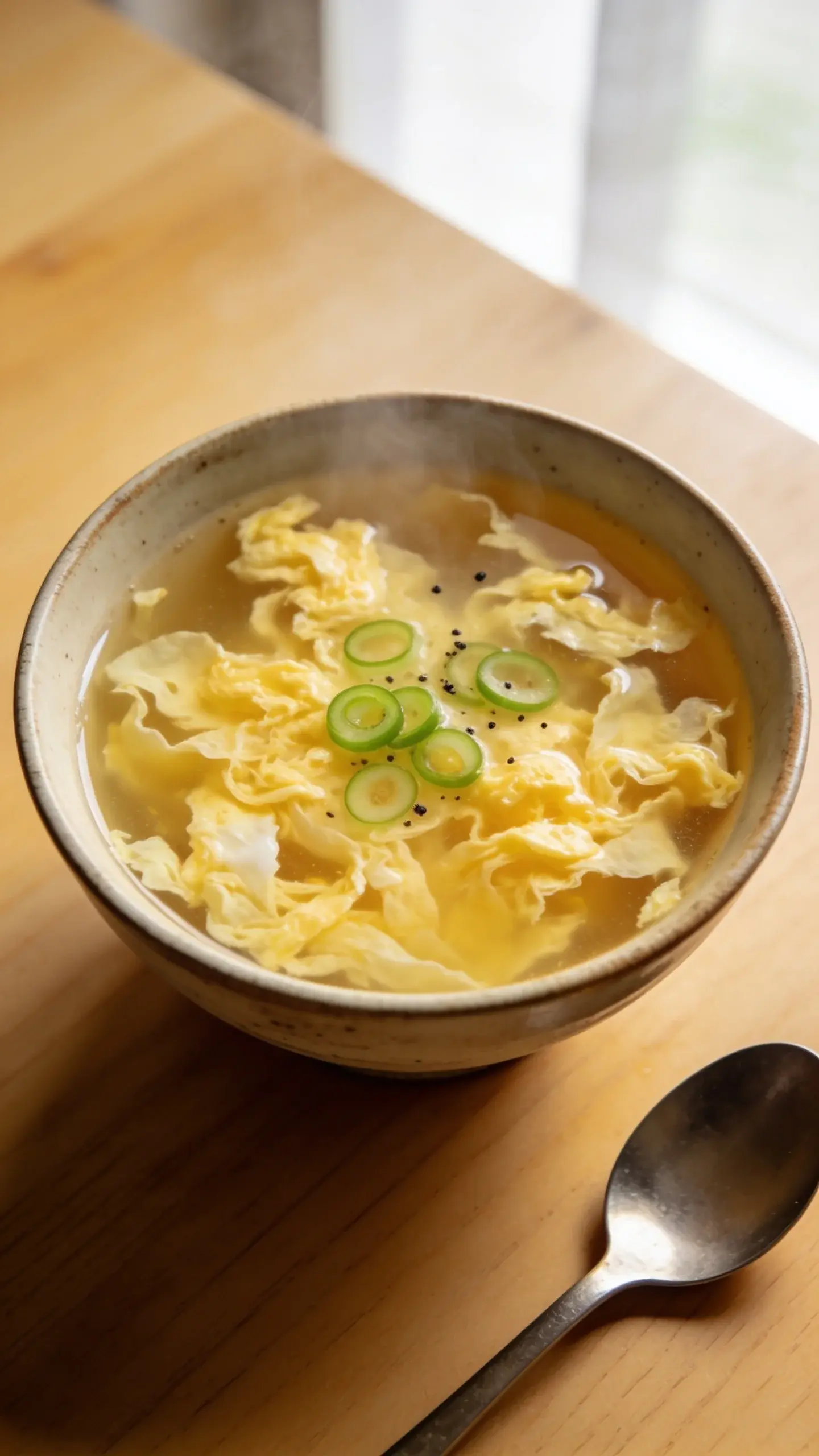 Bowl of 90 calorie egg drop soup with soft egg wisps and sliced green onion on a wooden table
