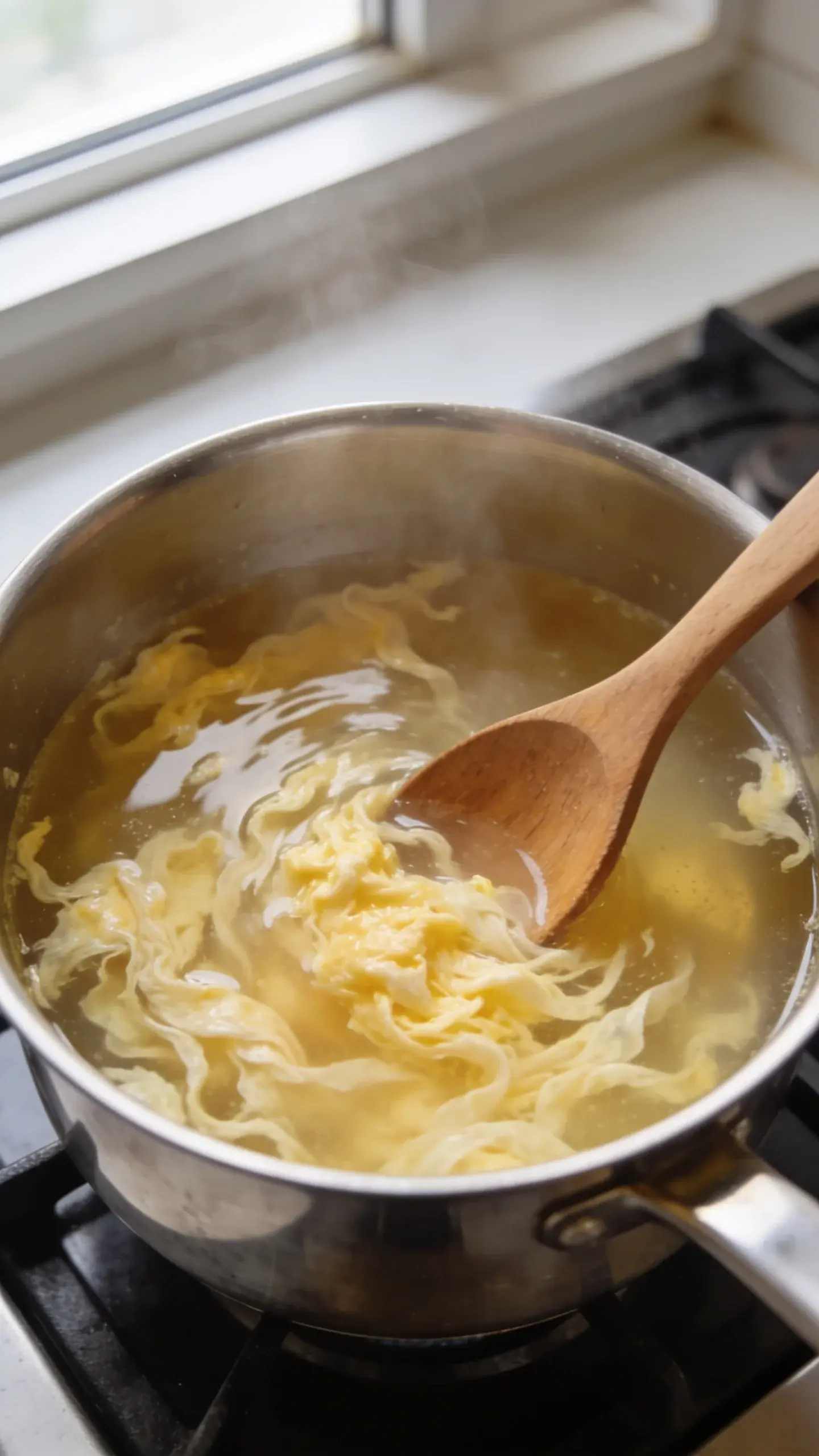 Egg drop soup being stirred with a wooden spoon in a stainless steel saucepan on the stove