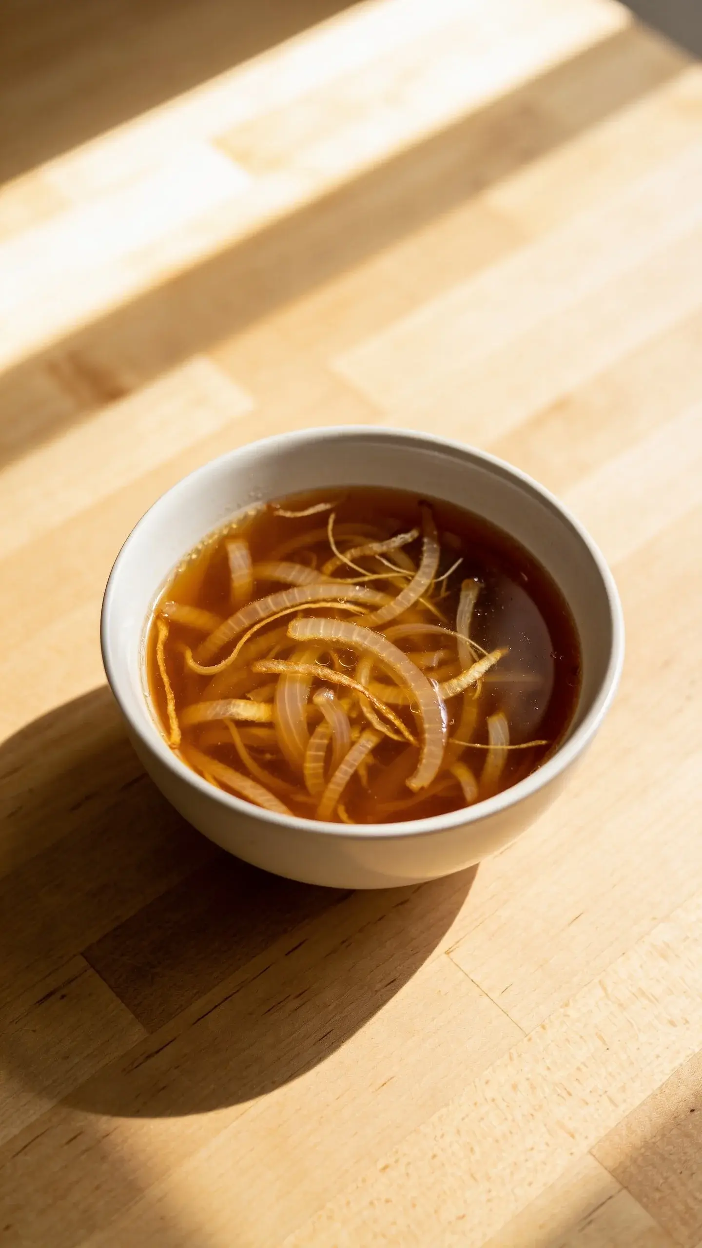 White bowl of French onion soup with golden caramelized onions in amber broth