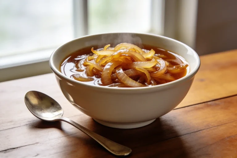 White bowl of French onion soup with caramelized onions and a spoon on a wooden table