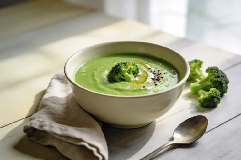 White bowl of green broccoli soup topped with a broccoli floret, with fresh broccoli and a spoon on a table