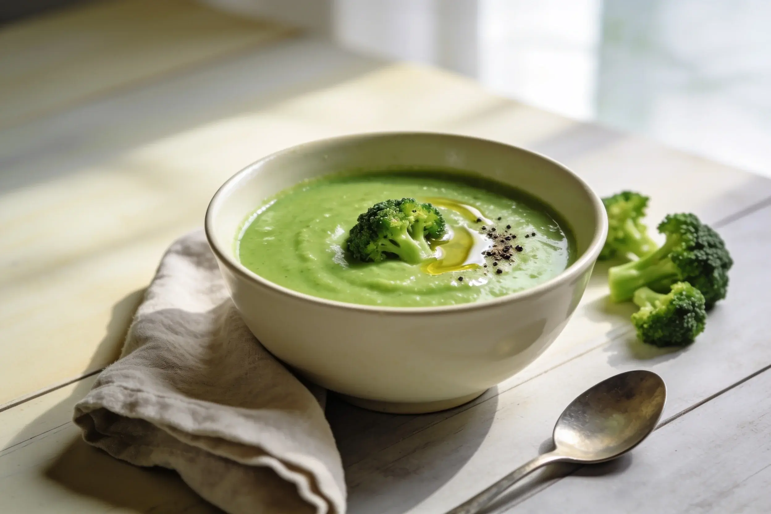 White bowl of green broccoli soup topped with a broccoli floret, with fresh broccoli and a spoon on a table