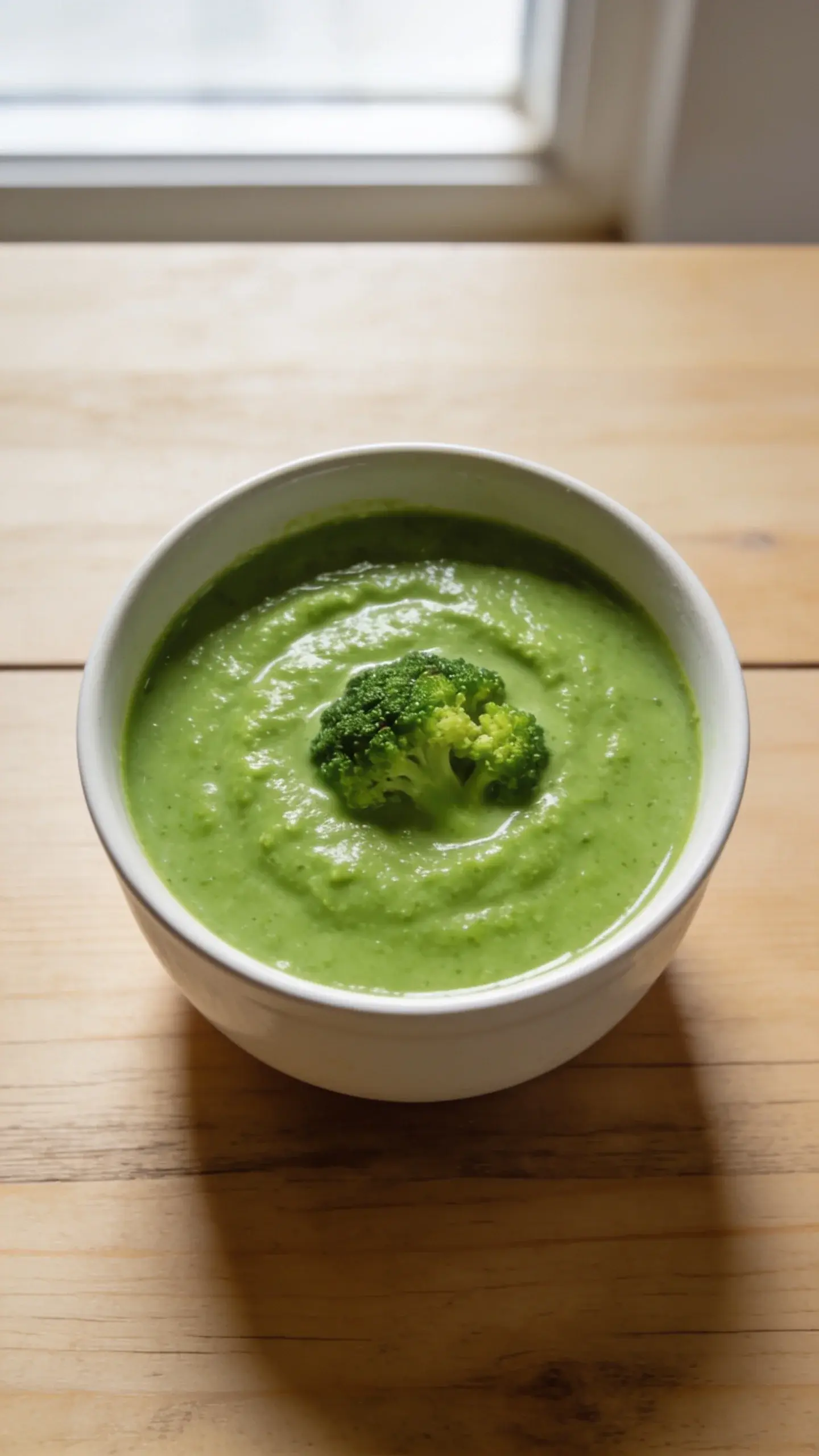 Bowl of smooth green broccoli soup with a broccoli floret on top