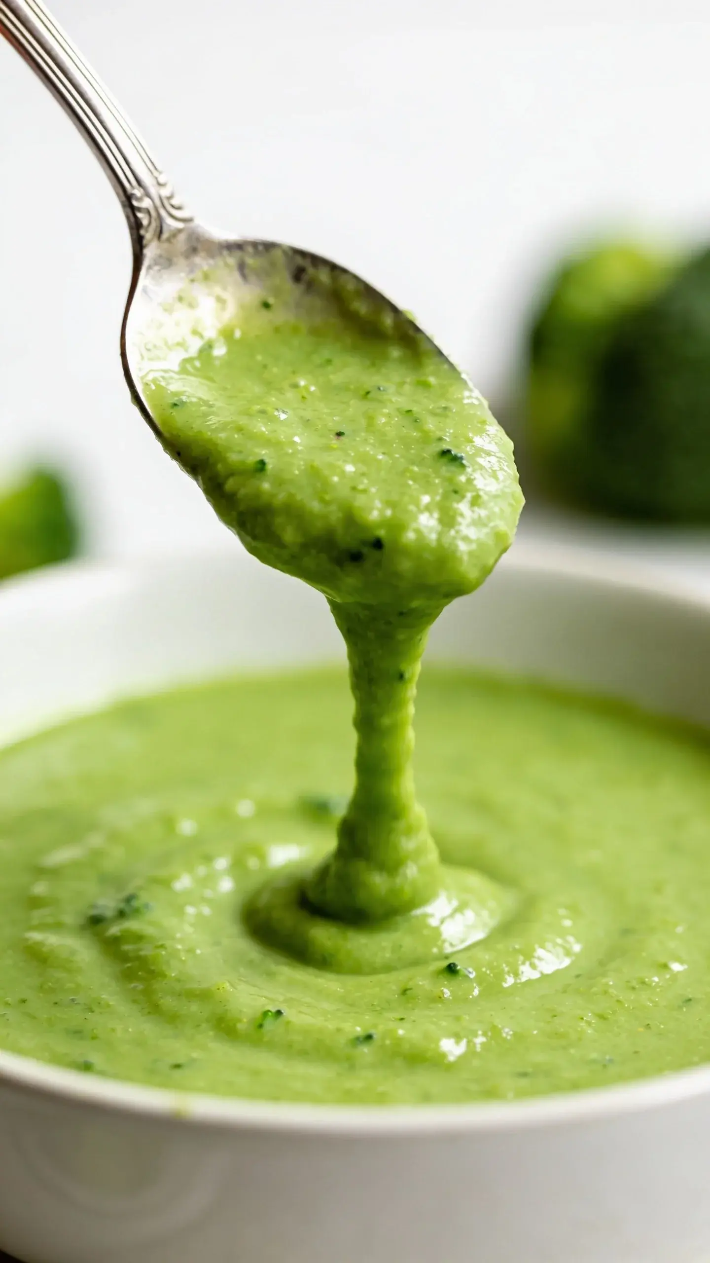 Spoonful of thick creamy broccoli soup lifted above the bowl