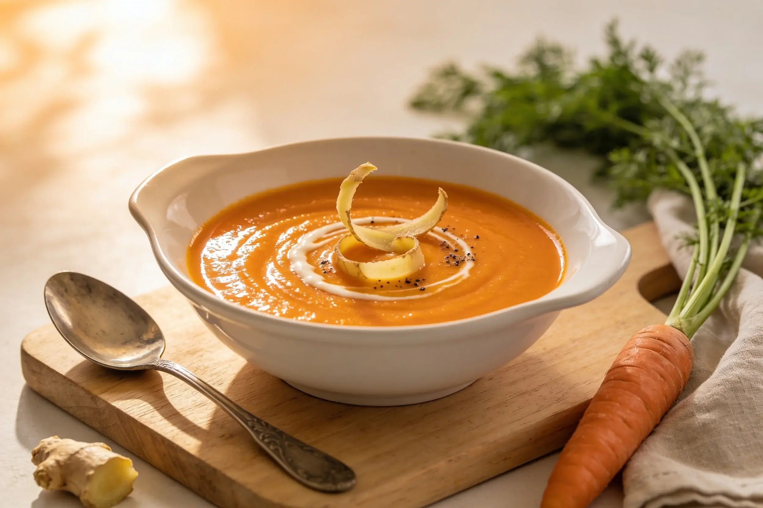 White bowl of orange carrot ginger soup with a yogurt swirl, next to a fresh carrot and ginger root