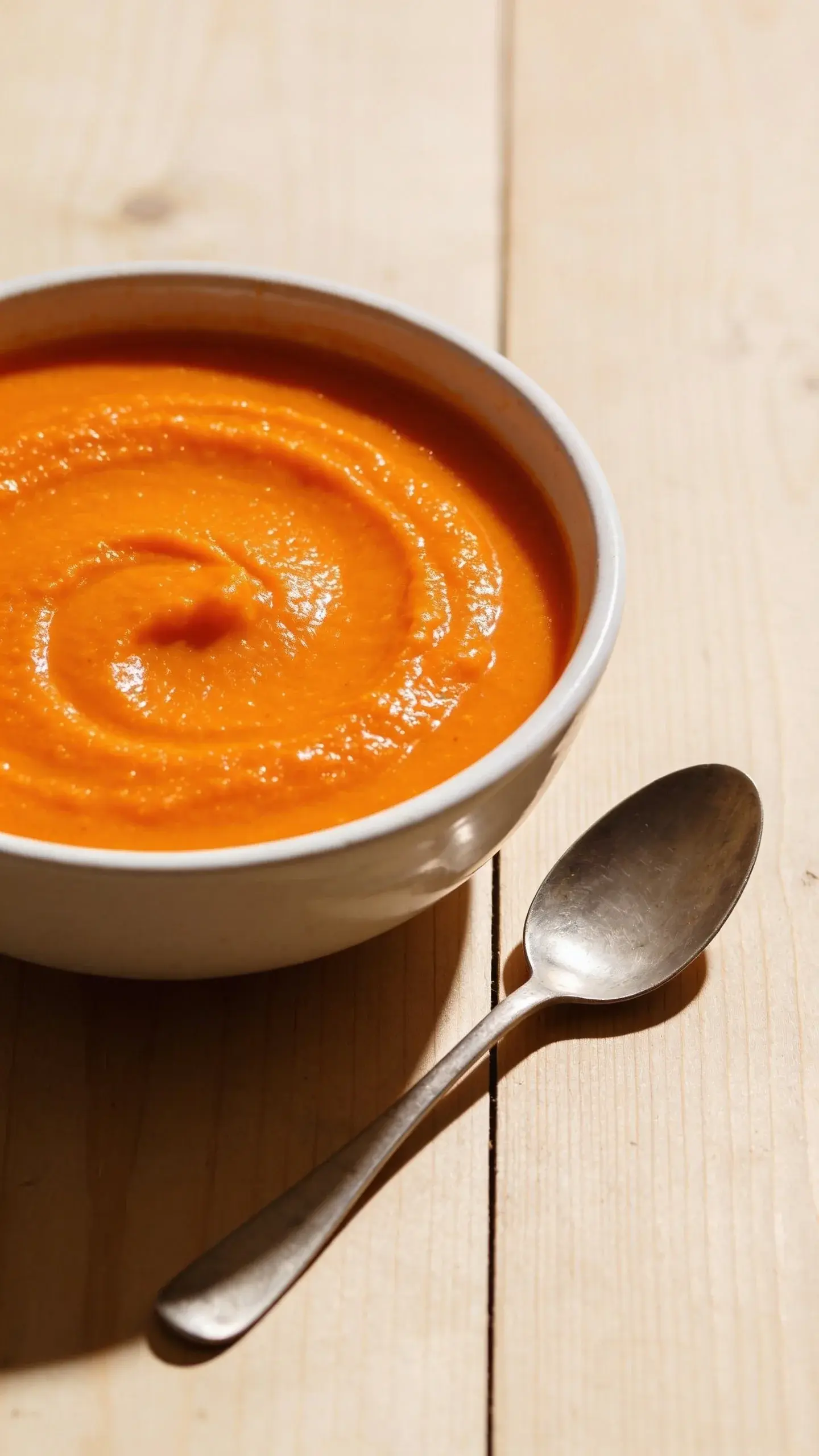 Bowl of smooth orange carrot ginger soup with a spoon