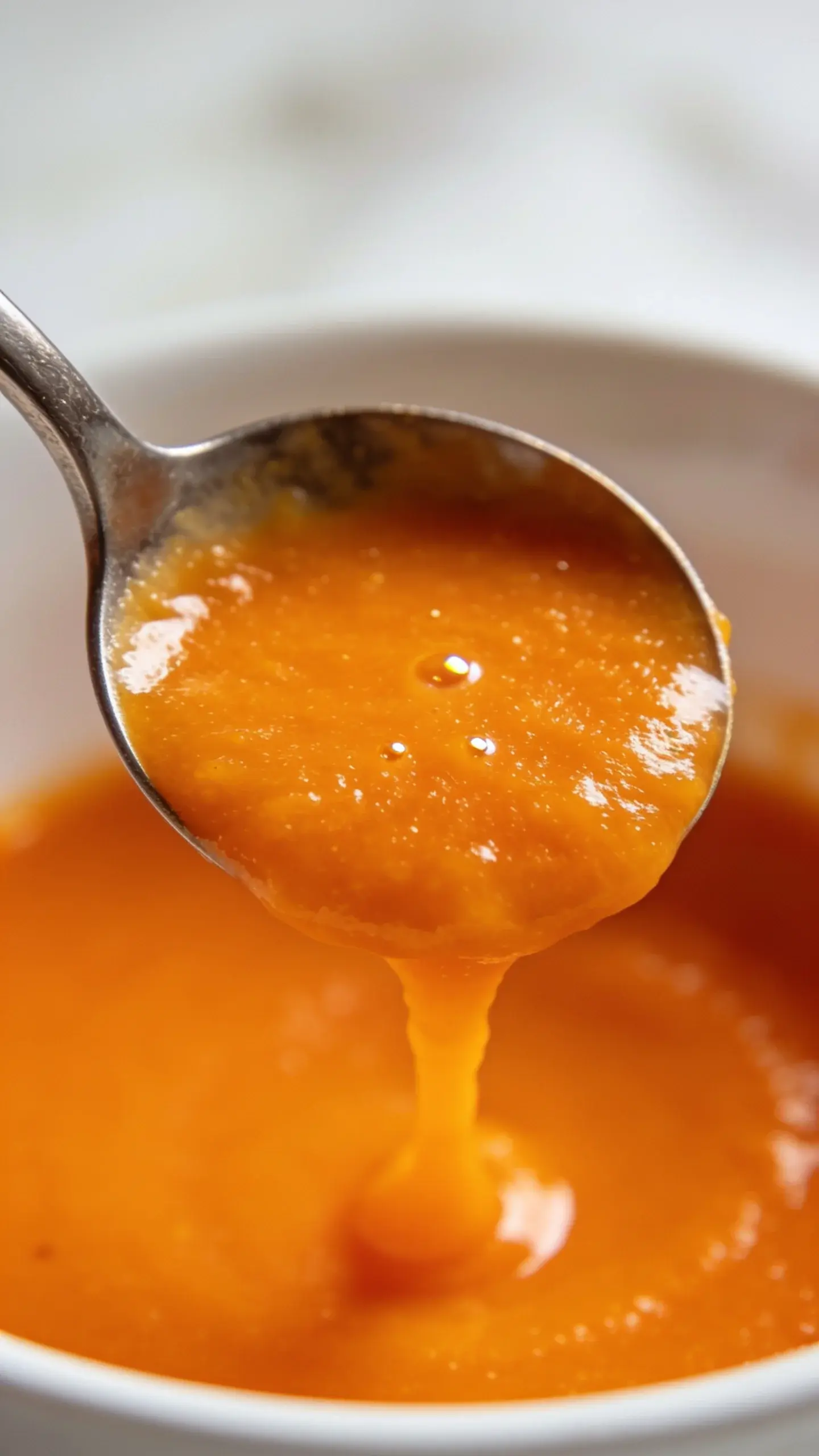 Spoonful of thick carrot ginger soup over the bowl