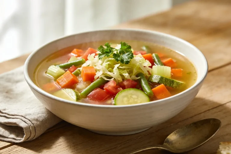 Bowl of vegetable soup with carrots, green beans, celery, zucchini, tomatoes and cabbage topped with parsley