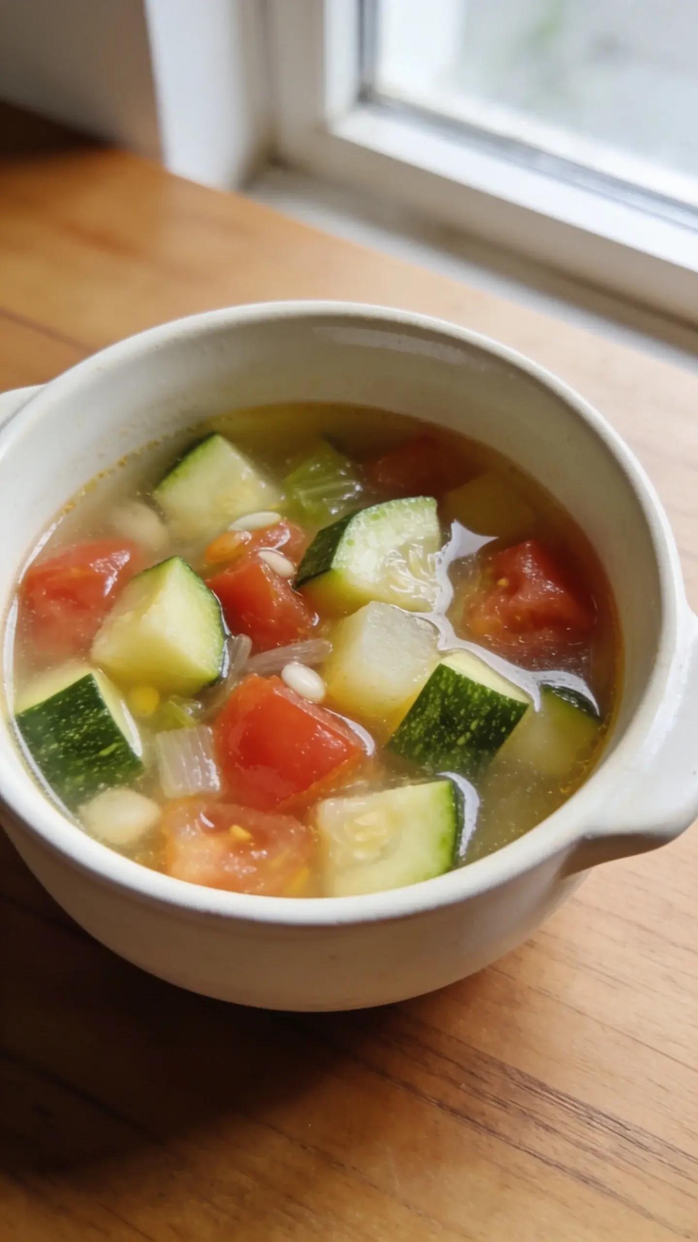 Bowl of vegetable soup with zucchini and tomato pieces by a window