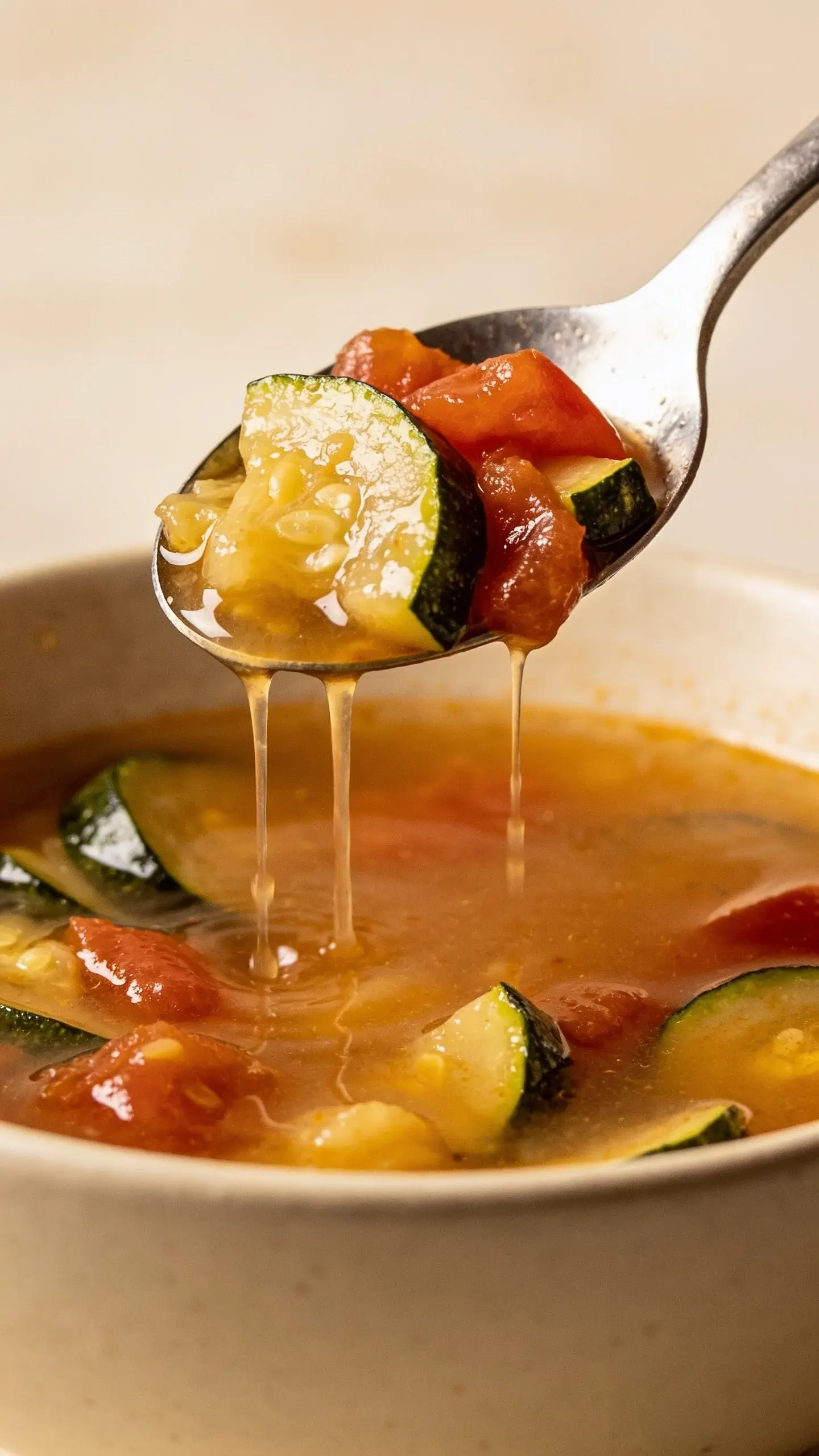 Spoonful of vegetable soup with zucchini and tomato over the bowl