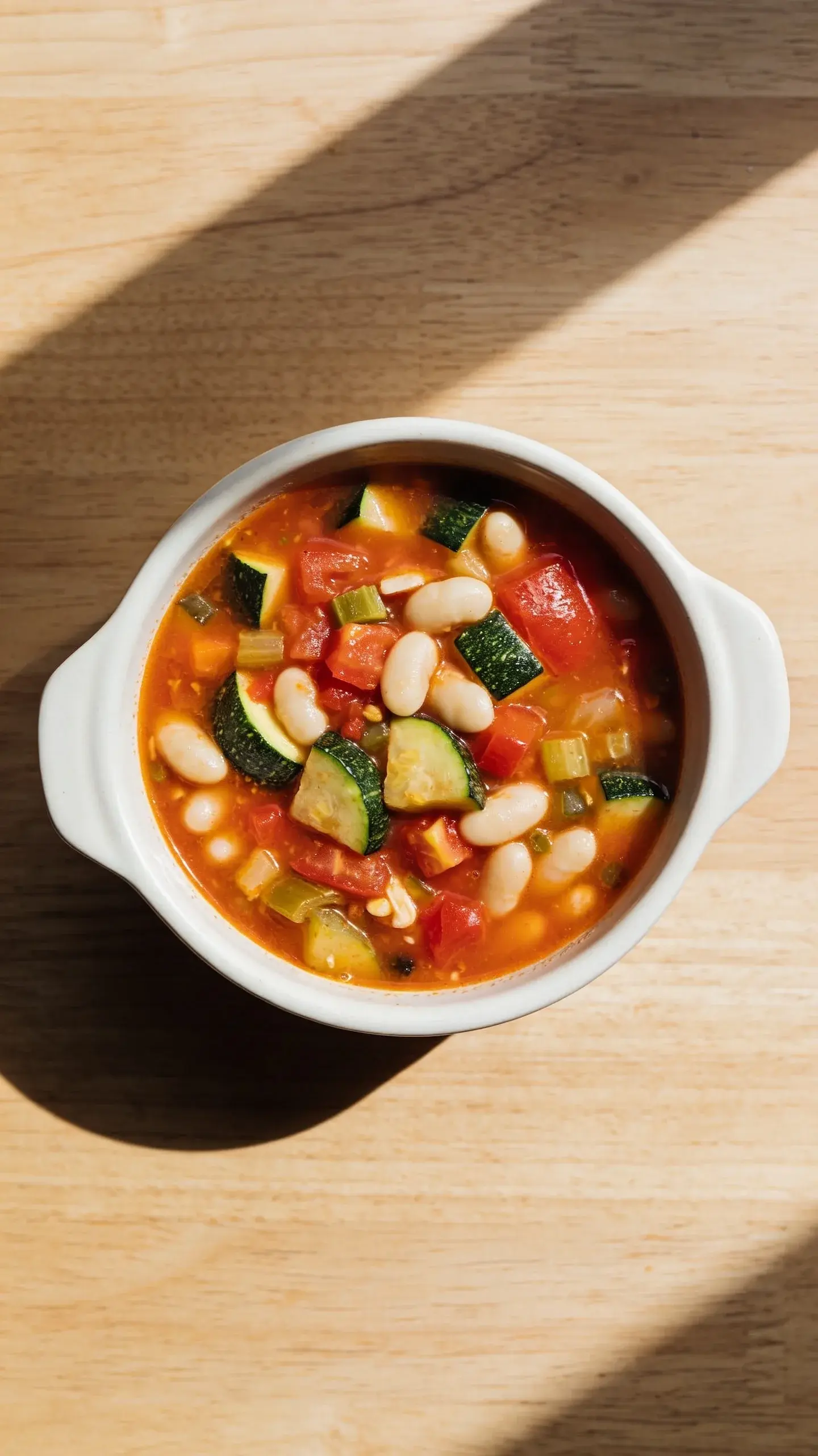 Bowl of minestrone soup with white beans, zucchini and tomatoes seen from above
