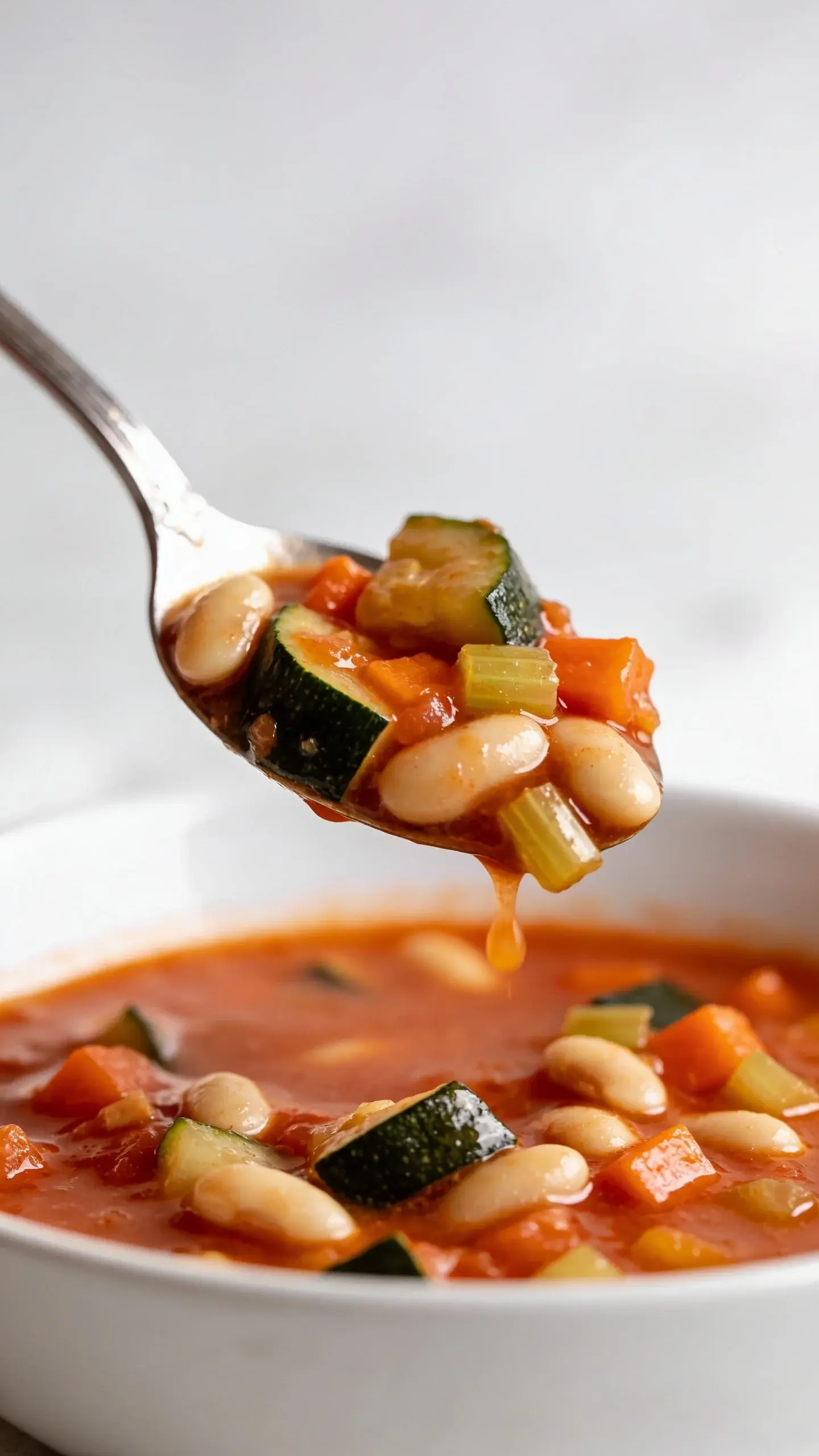 Spoonful of minestrone soup with white beans and zucchini