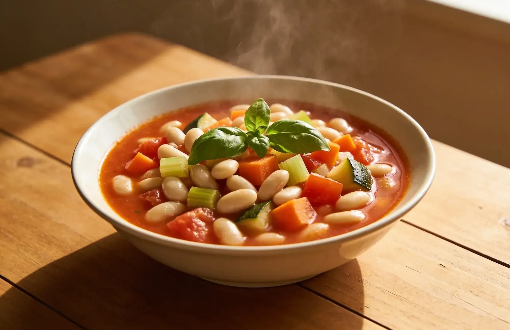 Bowl of minestrone soup with white beans, carrots, celery, zucchini and tomatoes topped with fresh basil