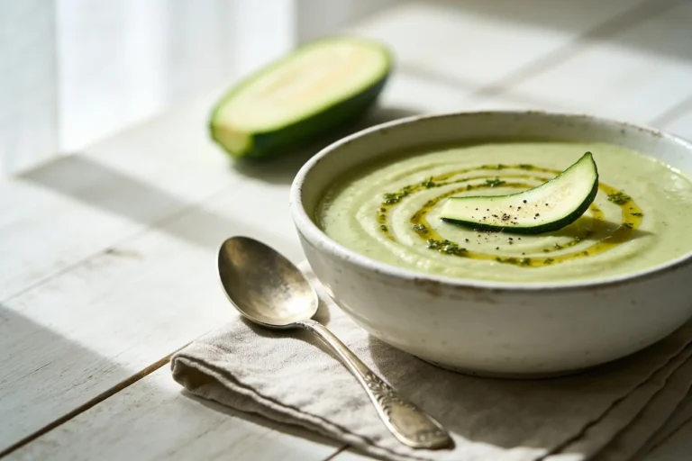 White bowl of creamy green zucchini soup topped with a zucchini slice, with a spoon on a linen napkin