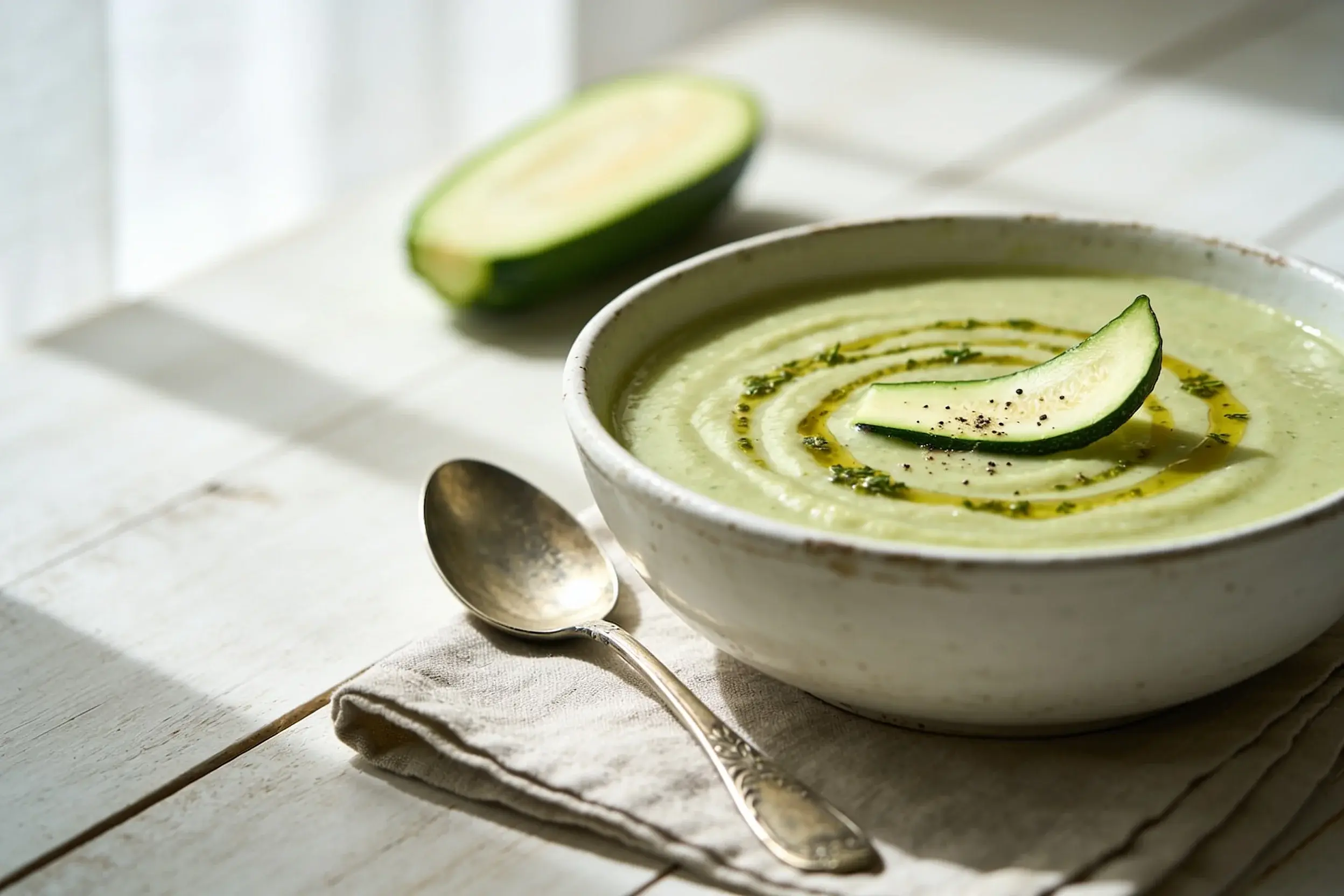 White bowl of creamy green zucchini soup topped with a zucchini slice, with a spoon on a linen napkin