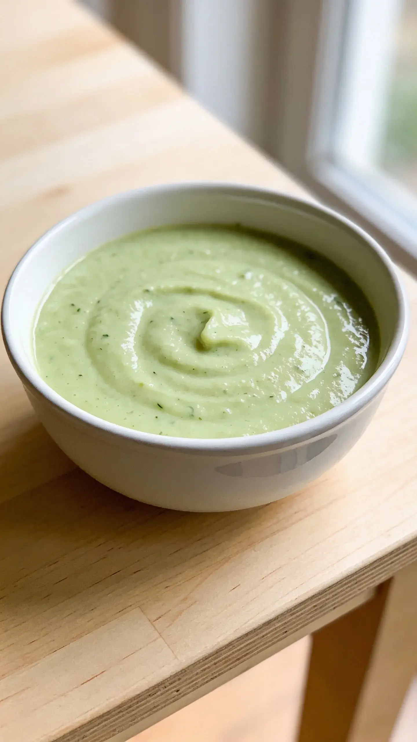 Bowl of smooth green zucchini soup on a wooden table by a window