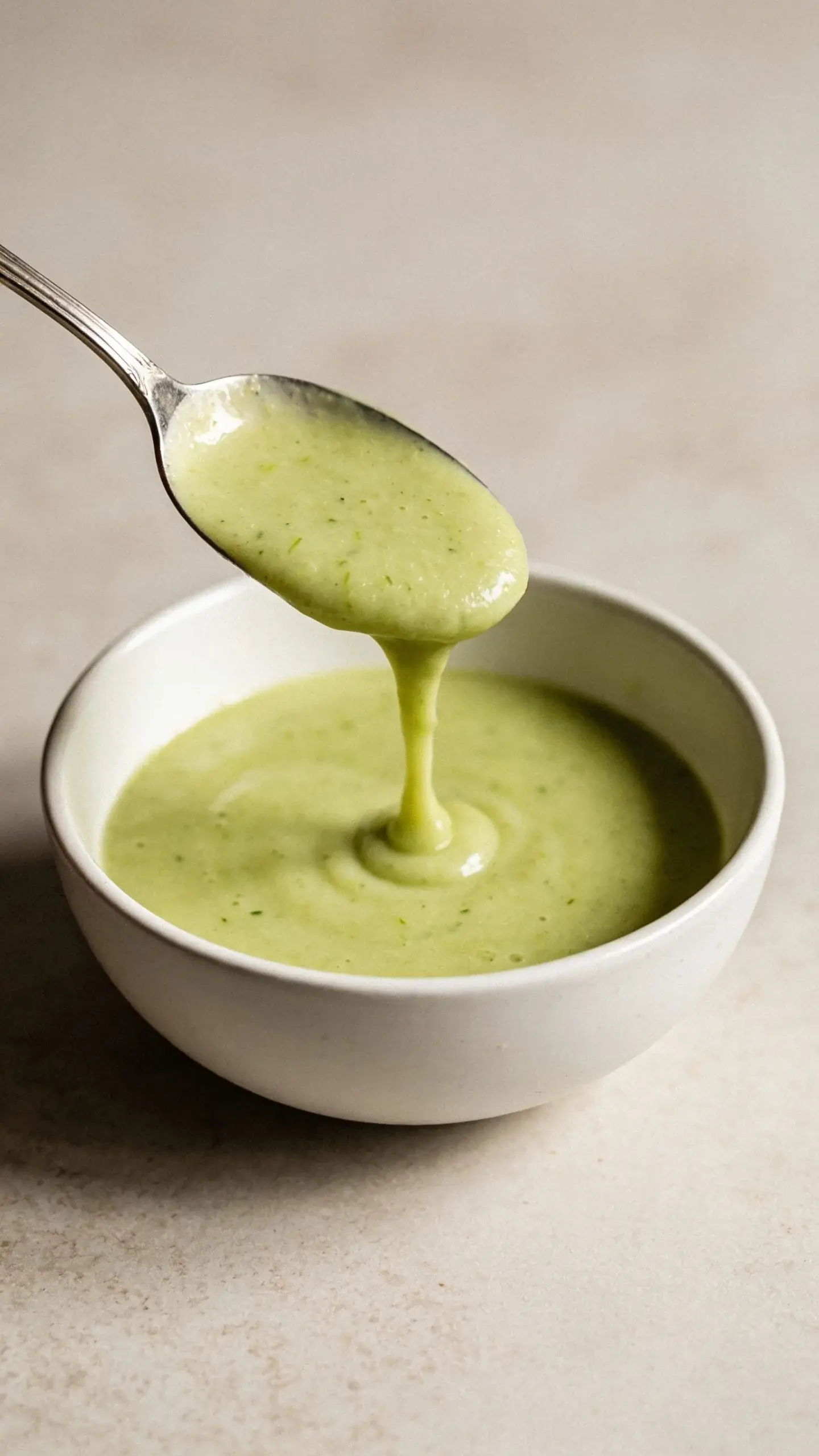 Spoon pouring thick creamy zucchini soup back into the bowl
