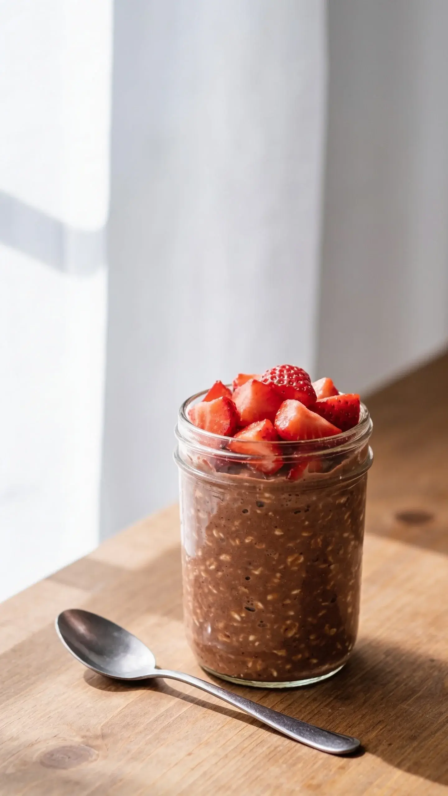 Glass jar of chocolate strawberry overnight oats topped with fresh strawberries on a light table