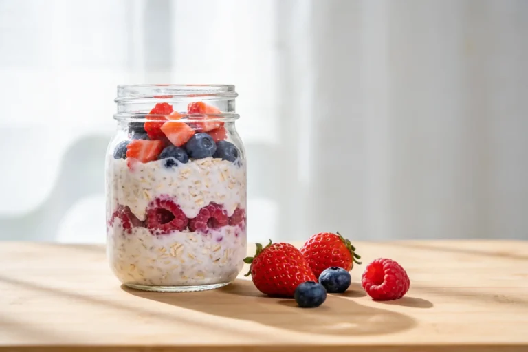 Jar of triple berry overnight oats with mixed berries