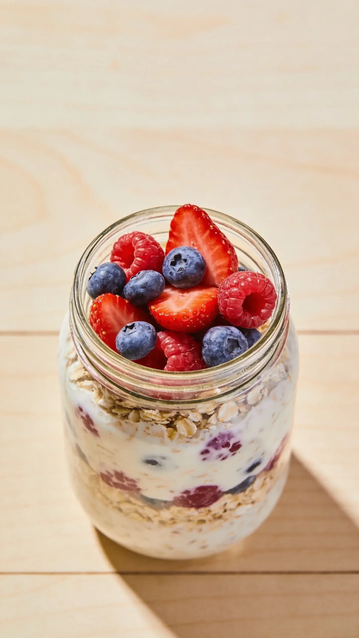 Glass jar of triple berry overnight oats topped with strawberries, blueberries and raspberries on a wooden table