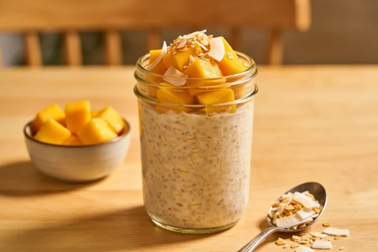 Jar of mango coconut overnight oats with mango pieces