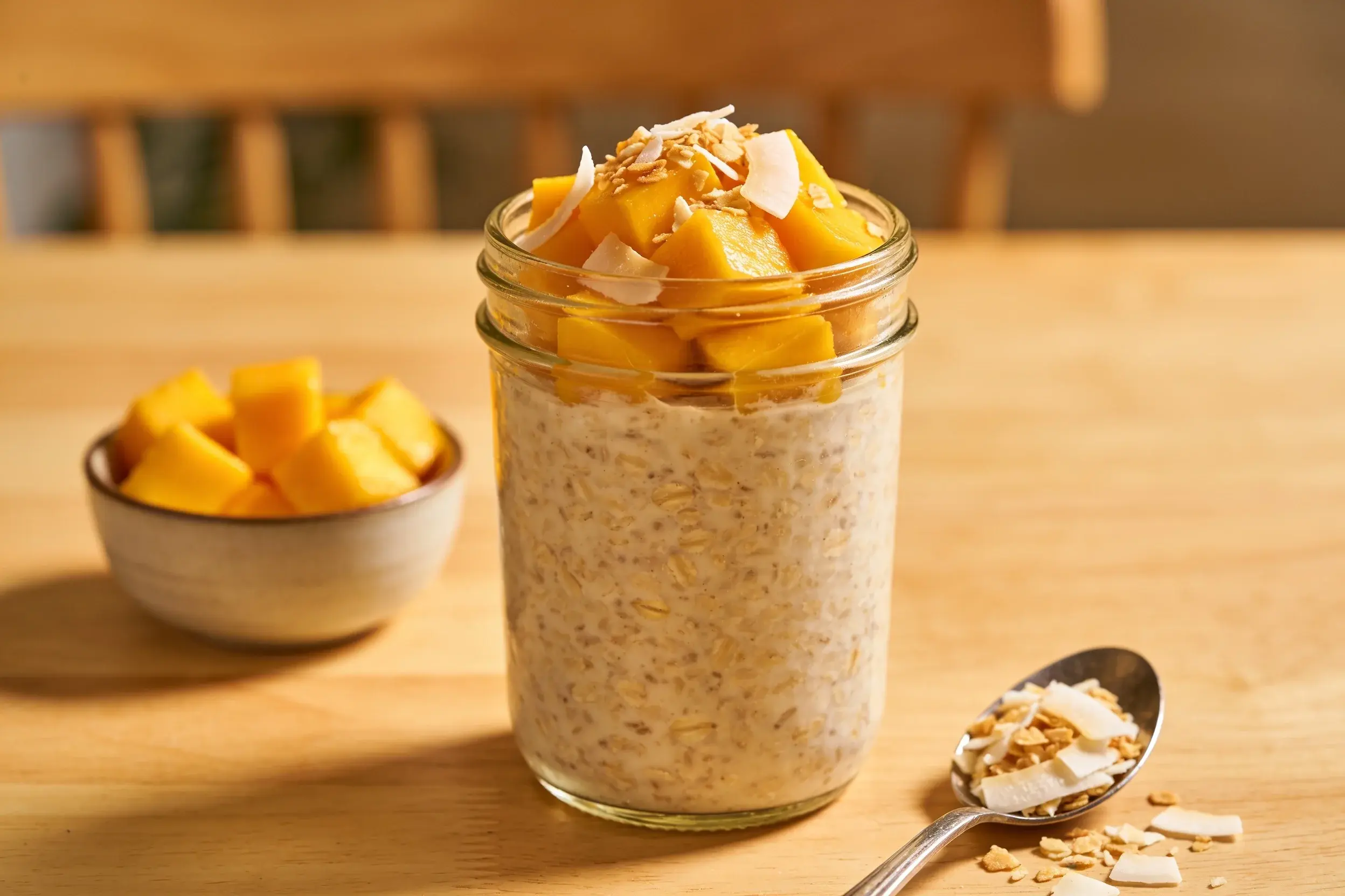 Jar of mango coconut overnight oats with mango pieces