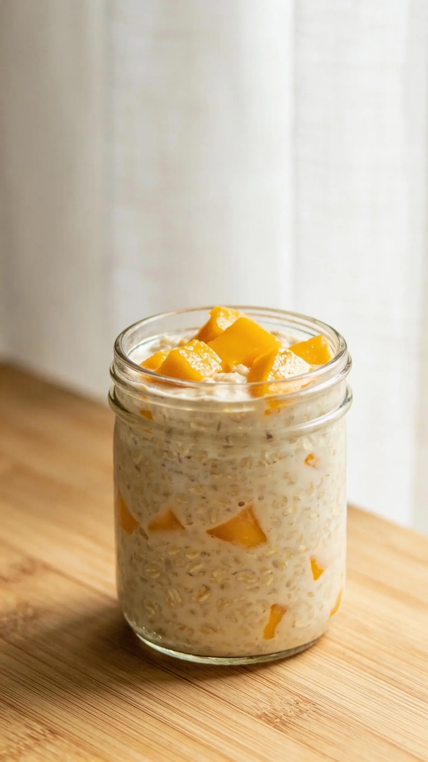 Glass jar of mango coconut overnight oats topped with diced mango on a light wooden table