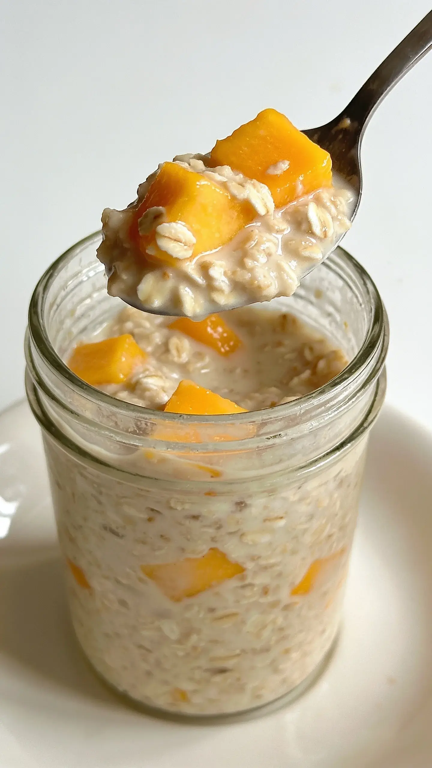 Spoonful of mango coconut overnight oats above the jar