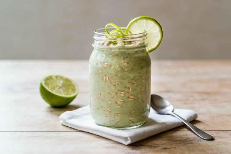 Jar of key lime pie overnight oats with lime zest