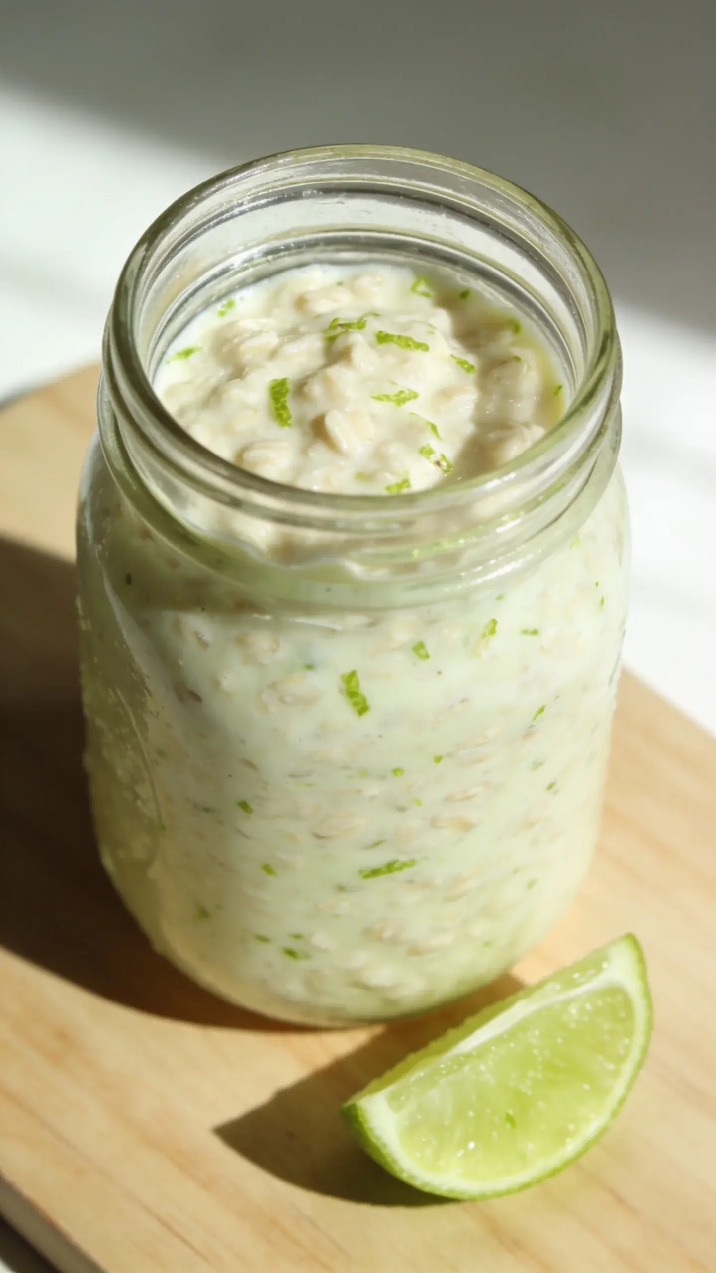 Glass jar of pale green key lime pie overnight oats with lime zest and a lime wedge on a light table