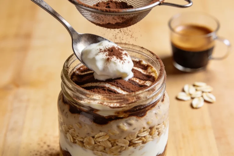 Jar of layered tiramisu overnight oats with cocoa