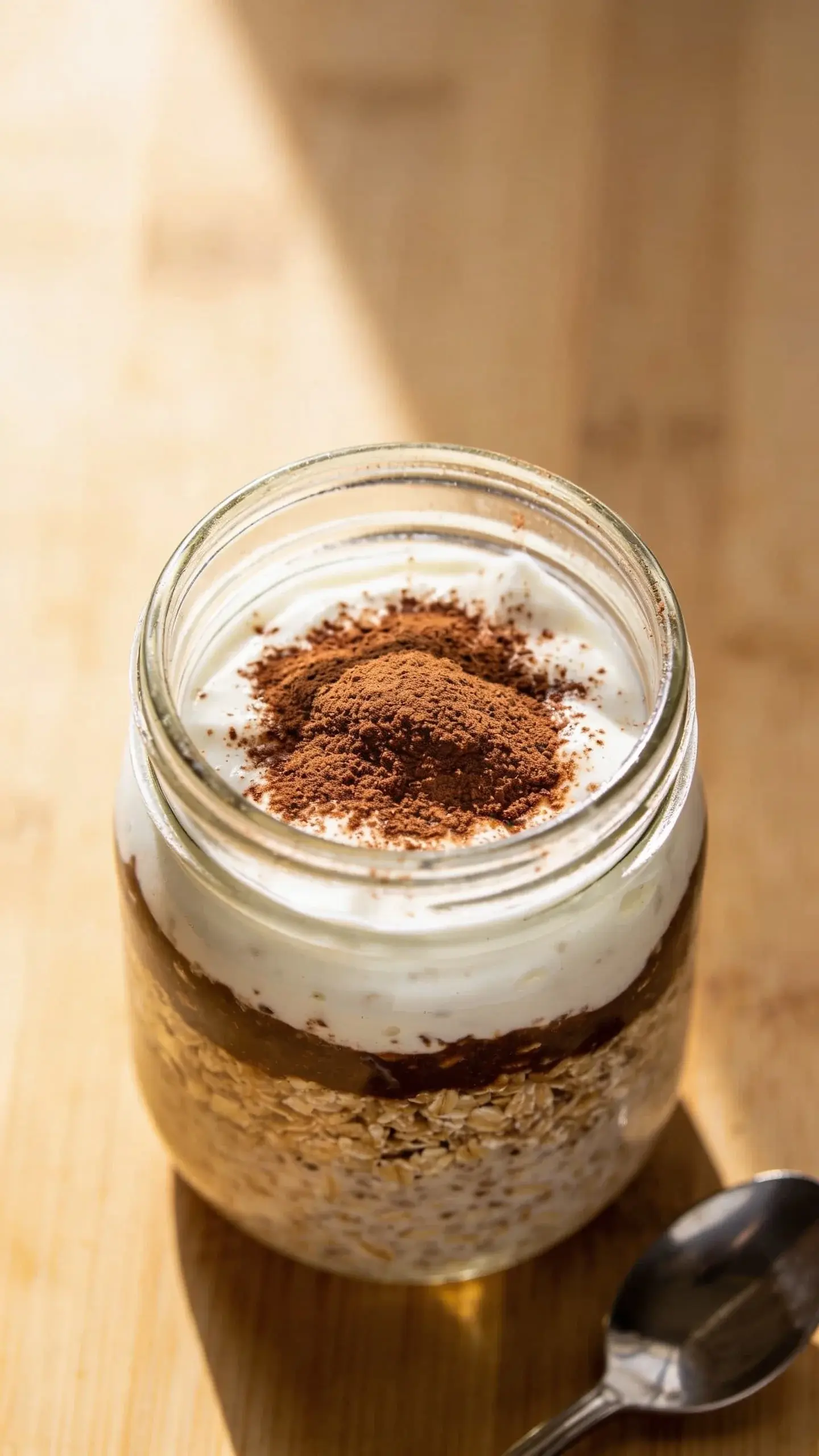 Glass jar of layered tiramisu overnight oats dusted with cocoa next to a cup of coffee