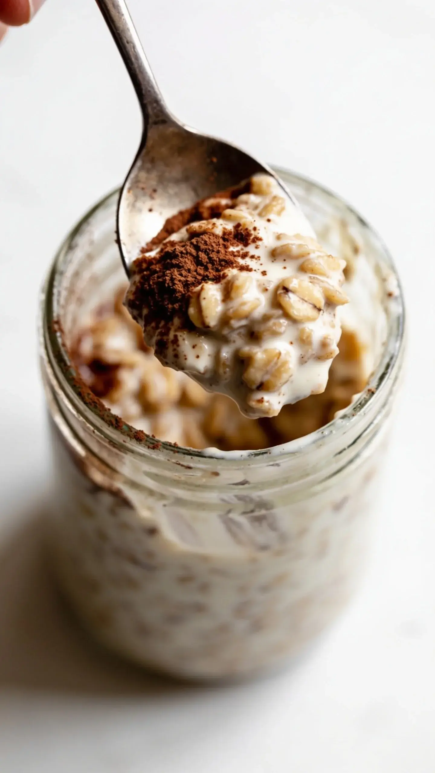 Spoonful of tiramisu overnight oats with cocoa and yogurt above the jar