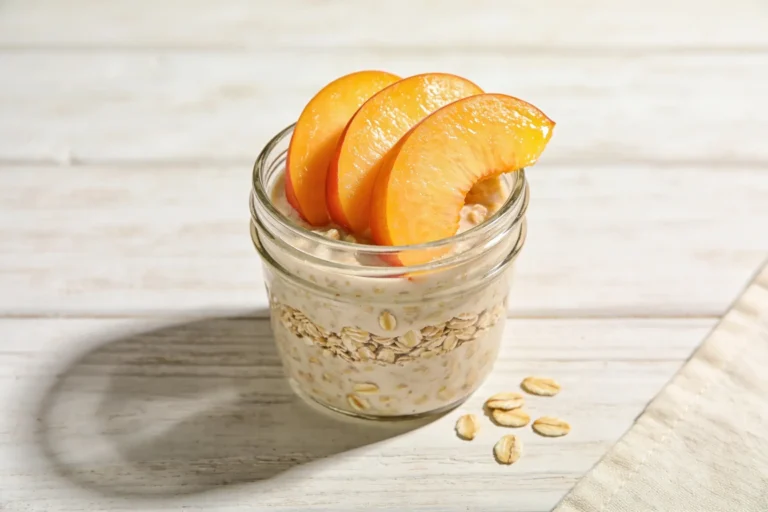 Jar of peaches and cream overnight oats with peaches
